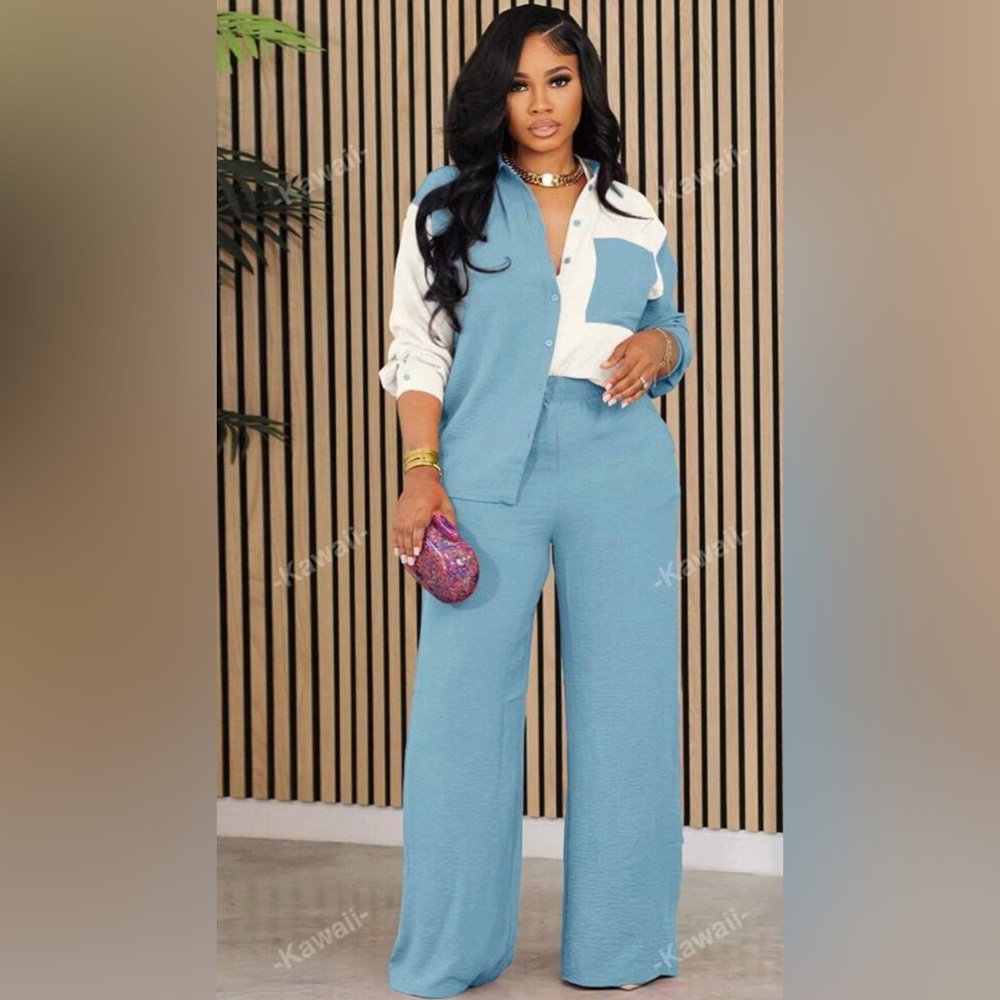 Colorblock Pocket Patched Shirt & Wide Leg Pants
Size: 14(XXL) Color: Baby Blue